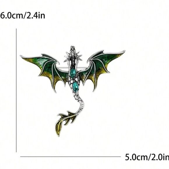 Vintage Inspired Viking Green and Silver Dragon Brooch Engraved Detailing - Picture 7 of 7